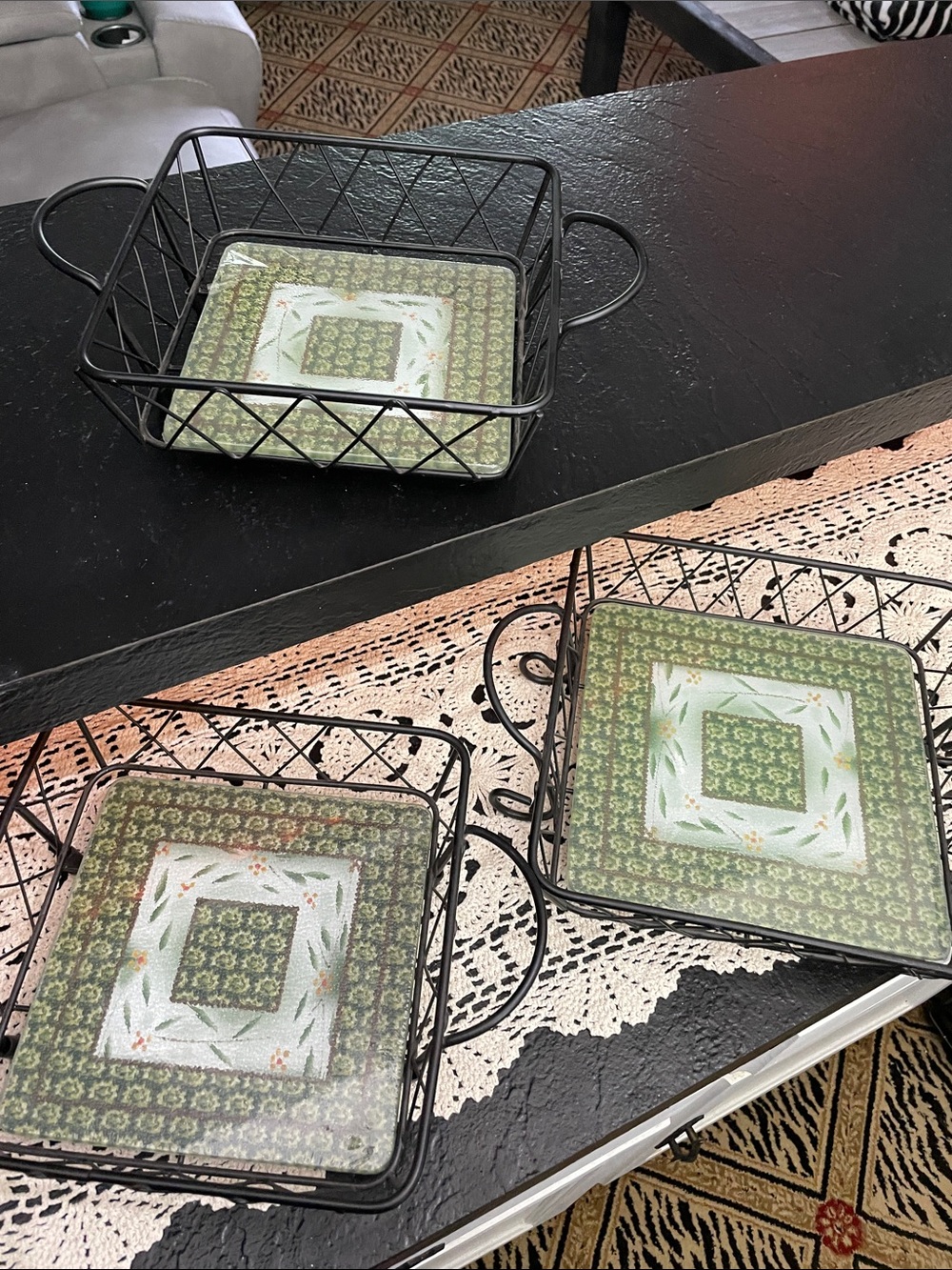 3Pc Metal & Glass Trivet Set New Removable glass. Graduated sizes. 8x8 9x9 9 1/2